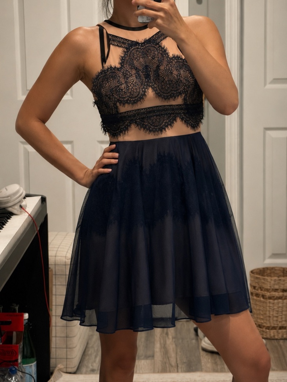 NWT Three Floor Navy Lace Mini Dress - Picture 3 of 5